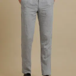 Linen Club Grey Regular Fit Linen Flat Front Trousers-image-14