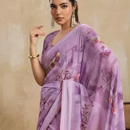 100 Dreams Floral Printed Striped Border Pure Georgette Saree-picture-12
