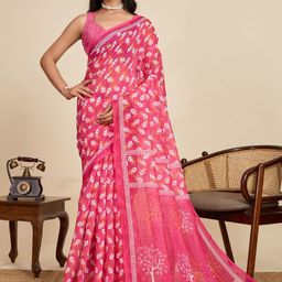 all about you Floral Printed Zari Pure Linen Saree With Blouse-picture-38