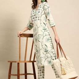 Sangria Floral Printed Angrakha Sequinned Pure Cotton Kurta With Trousers-18