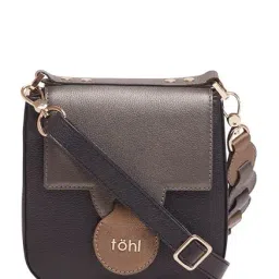 Tohl Black & Dark Grey Color Block Leather Flap Sling Bag-46