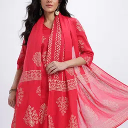 HERE&NOW Ethnic Motifs Print Cotton V-Neck Kurta with Trousers & Dupatta-picture-12