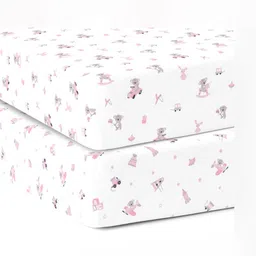 The White Cradle Pink & White 2 Pieces Cartoon Printed 120 TC Cotton Fitted Crib Bedsheets-image-98