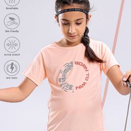 Pine Active Skin Friendly & Breathable Half Sleeves Text Print Top Text Print - Peach-image-71