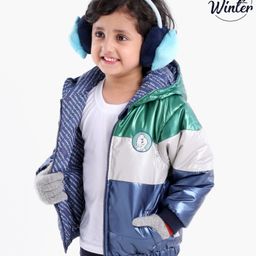 Babyoye Full Sleeves Hooded and Puffed Reversible Jacket Colour Block Pattern - Blue-image-57