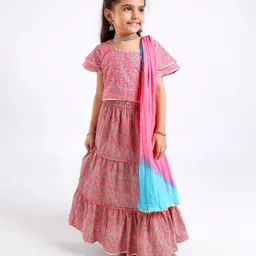Exclusive from Jaipur Half Sleeves Choli & Full Length Lehenga with Dupatta Floral Print - Peach-picture-9