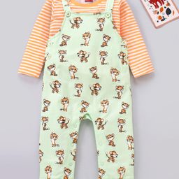 Babyhug Cotton Dungaree and Full Sleeves T-Shirt Set Cat Print - Orange and Green-image-53