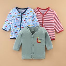 OHMS Single Jersey Full Sleeves Front Open Vests Fish Print Pack of 3 - Multicolour-image-42