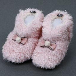 Baby Moo Bow Embellished Warm Furry Booties - Pink-image-0