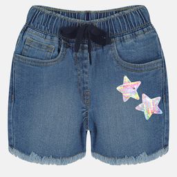 Kiddopanti Placement Start Patch Detailed With Sequin Embellished  Denim Mid Wash Short - Blue-image-59