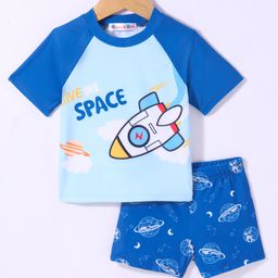 Kookie Kids Half Sleeves Two Piece Swimsuit Space Theme Print -  Blue-11