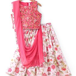 Babyhug Woven Sleeveless Floral Embroidered Choli Lehenga with Dupatta - Off White-image-12