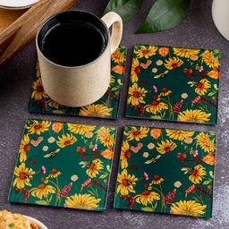 Floral Bliss Green Inspired Square Glass Coasters-image-81