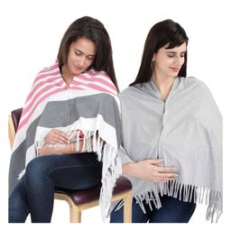 Lulamom Multi-Purpose Breast Feeding Nursing Shawl - Pack of 2 (Pink stripes & Grey melange solid)-image-67
