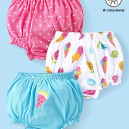 Babyhug 100% Cotton Antibacterial Bloomer Polka Dot & Ice Cream Print Pack Of 3 - Pink Blue & White-image-45