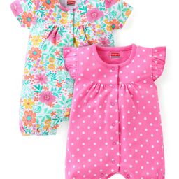 Babyhug 100% Cotton Knit Half Sleeves Floral & Polka Dots Printed Rompers Pack of 2 - Multicolour-image-55
