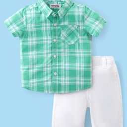 Babyhug Cotton Woven Half Sleeves Checked Shirt & Shorts Set - White & Green-3