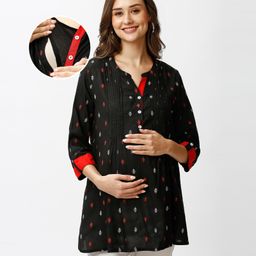 Bella Mama Woven Three Fourth Sleeves Notch Neck Front Open Floral Printed Maternity Top With Side Pockets - Black-image-1