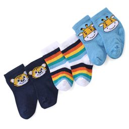 Cute Walk by Babyhug Ankle Length Antibacterial Knitted Striped & Lion Design Socks Pack Of 3 - Blue & White-image-50