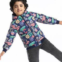 Babyhug Woven Full Sleeves Sports Theme Padded Hooded Jacket- Multicolor-picture-27