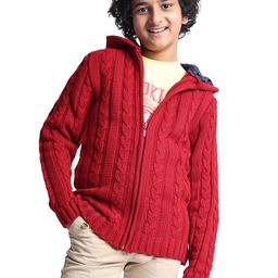 Pine Kids Knitted Full Sleeves Hooded Front Open Sweater with Cable Knit Design - Dark Red-image-49