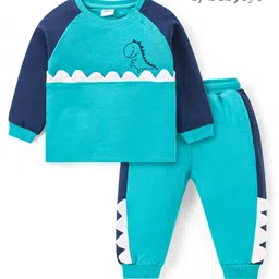 Babyoye Cotton Knit Raglan Sleeves T-Shirt & Lounge Pants Winter Wear Set With Dino Print - Turquoise-picture-44