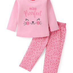 Babyhug Cotton Knit Full Sleeves Night Suit Text & Leopard Print - Pink-image-75