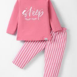 Teddy Sinker Knit Full Sleeves Striped & Text Printed Night Suit - Pink-picture-10