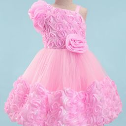Bluebell Satin Woven Sleeveless Party Dress With Floral Corsage Detailing at Yoke & Hem - Pink-image-69