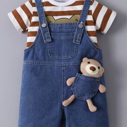 Mark & Mia Denim Dungaree & Half Sleeves Striped Cotton T-Shirt With Teddy Bear Applique - Brown & Blue-image-41