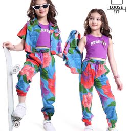 Ollington St. Cotton Floral Printed Half Sleeves Jacket And Jogger with Inner Top -Multicolor-image-54