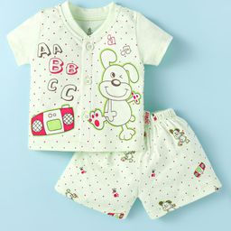 Child World Interlock Knit Half Sleeves Shorts Night Suit With Animal & Polka Dot Print - Light Green-image-83