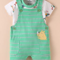 Child World Interlock Knit Half Sleeves Shirt & Striped Dungaree Style Romper with Hippo Embroidery & Floral Print - Light Green-image-52