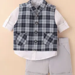 Simply Premium Cotton Woven Full Sleeves Party Shirt & Shorts with Checkered Jacket - Grey-picture-16