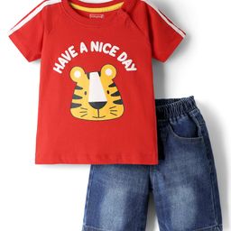 Babyhug Single Jersey Knit Half Sleeves T-Shirt & Denim Shorts Set with Tiger Print & Tape Detailing - Red-image-82