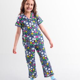 Honeyhap Premium 100%Cotton Knit Half Sleeves Bio Finish Co-ords Night Suit with Floral Print - Navy Peony-image-94