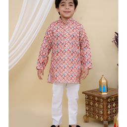 Superminis Cotton Full Sleeves Geometric Motifs Printed Threadwork Embroidered Kurta Pyjama Set - Maroon-image-3