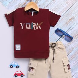 TOONYPORT Cotton Half Sleeves York Text Printed Tee & Shorts Set - Maroon-picture-10