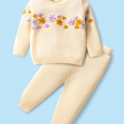 Babyhug Knitted Full Sleeves Sweater Set with Floral Embroidery - Cream-image-24