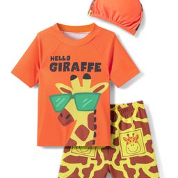 KIDLINGSS Half Sleeves Giraffe Printed Tee & Swimming Trunks With Cap - Orange-image-90