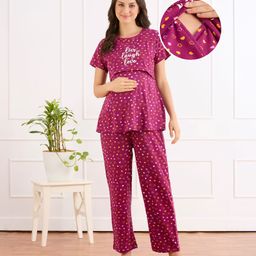 Bella Mama Cotton Knit Half Sleeves Nursing Night Suit with Heart Print - Wine-image-11