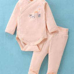 I Bears Interlock Knit Full Sleeves Onesie With Leggings & Puppy Print - Peach-image-97