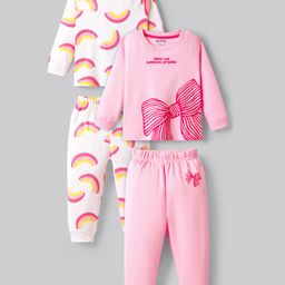 Bonfino 100% Cotton Full Sleeves Night Suit With Rainbow & Bow Print Pack Of 2 - White & Pink-image-21