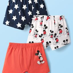 Babyhug 100% Cotton Mid Thigh Trunks With Mickey Mouse Graphics Pack Of 3 - Navy Blue White & Light Red-image-115