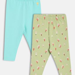 MINI KLUB Cotton Knit Pack Of 2 Ice Creams Printed & Embroidered Leggings - Blue & Green-image-51