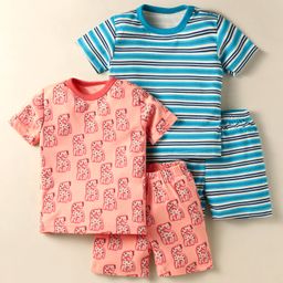 Kidi Wav Pack Of 2 Half Sleeves Striped & Baby Giraffe Printed Tees & Coordinating Shorts Set - Multi Colour-image-36