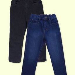 Kiddopanti Denim Woven Pack Of 2 Solid & Washed Jeans - Black & Blue-image-65