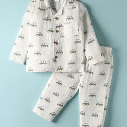 WOW Muslin Woven Full Sleeves Co-Ord Night Suit with Vehicle Print - MInt-picture-25