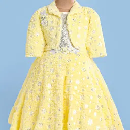 Enfance Sequins Embellished Knee Length Dress With Full Sleeves Floral Applique Detailed Shrug Set - Lemon-picture-34