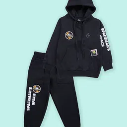 Kiddopanti Fleece Knit Full Sleeves Space Theme Printed Hooded Sweatshirt With Track Pants Set - Black-picture-11